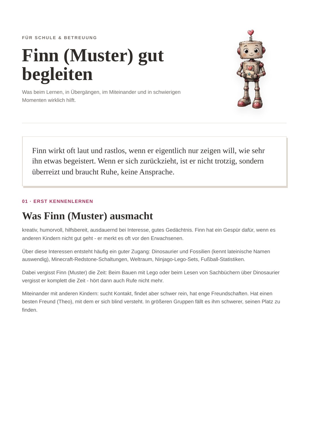 Cover des Beispieldokuments: Finn (Muster) gut begleiten